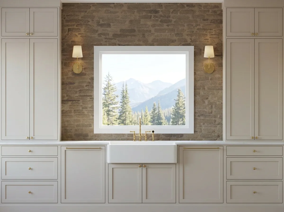 Straight-on kitchen wall concept with inset cabinetry, a farmhouse sink and stone backsplash