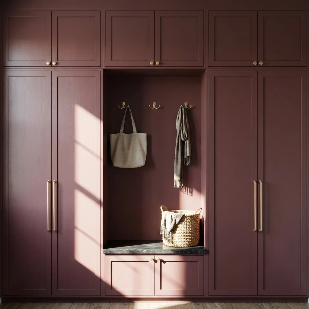 Straight-on burgundy mudroom built-in concept with tall cabinets, hooks and a bench